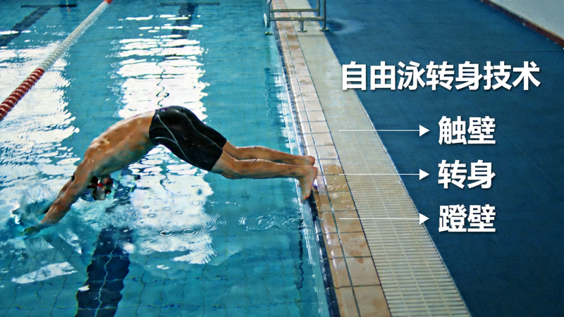 游泳运动员在泳池中进行自由泳转身技术慢动作教学